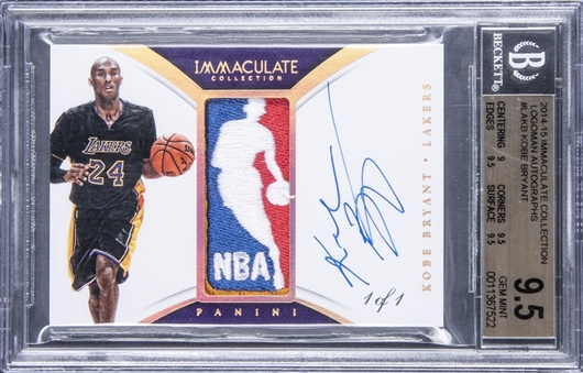 2014-15 Panini "Immaculate Collection" Logoman Autographs #LAKB Kobe Bryant Signed Game Used Logoman Patch Card (#1/1) – BGS GEM MINT 9.5/BGS 10